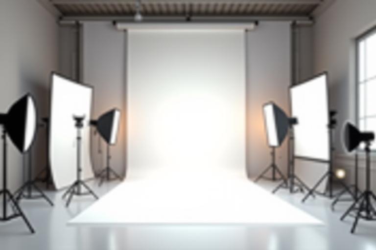 Clean and modern interior of the Estúdio Luz e Forma photography studio showing lighting equipment.
